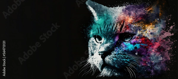 Fototapeta Abstract animal Cat portrait with colorful double exposure paint. Generative AI.
