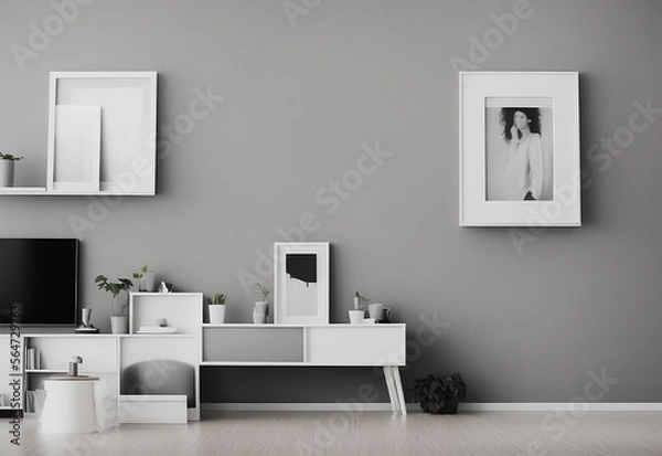 Fototapeta A mockup of an empty picture frame on a gray wall in a white living room with a modern Scandinavian design, depicting an art display as part of a home staging and minimalism concept. clean sharp edges