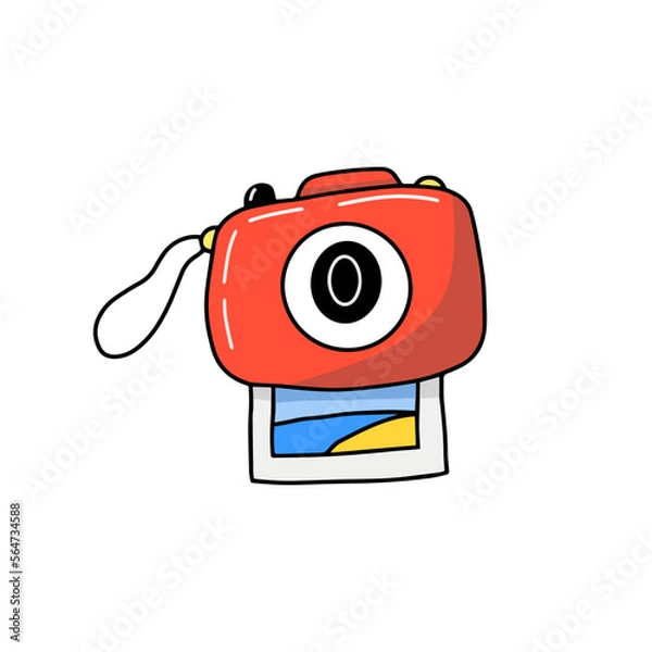 Fototapeta Drawing cute illustration red vintage polaroid retro camera print instant photo beach memory flat doodle style isolated on white background