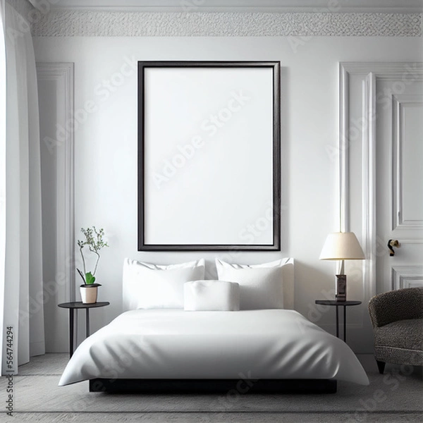 Obraz Mockup of a blank picture frame on the wall of a modern and minimalist master bedroom | Interior design of a bed room | Beautiful and modern bed with pillows and blankets | Generative Ai | Mock-up 