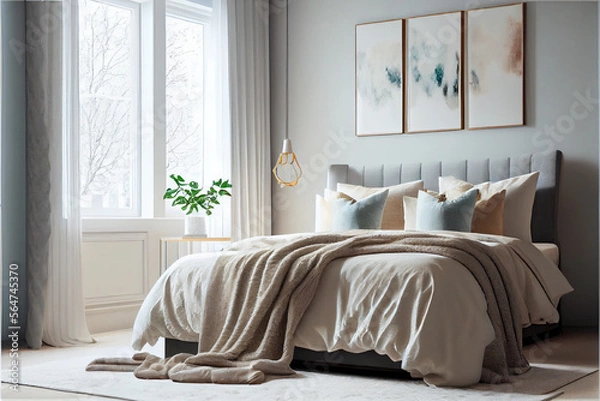 Fototapeta Modern and luxurious master bedroom | Interior design of a bed room | Beautiful and modern bed with pillows and blankets | Generative Ai | Photorealism | Indoor décor