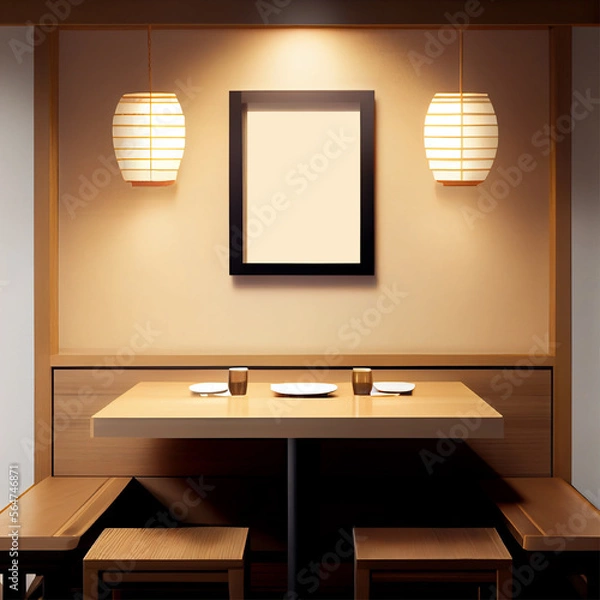 Fototapeta Mockup of a blank picture frame on the wall of a Japanese restaurant | Interior design of a Japanese restaurant | Vertical frame of a picture in a restaurant | Mock-up | Interior décor | Generative Ai