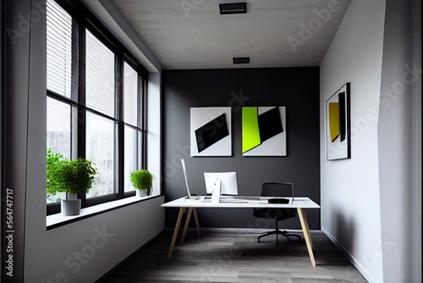 Fototapeta Interior of a modern office with and desk, pc, lamp and chair | Generative Ai | Simple empty workspace | Interior design of a private office
