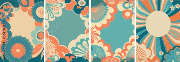 Fototapeta A set of backgrounds for text, psychedelic hippie art, a frame of stylized flowers.