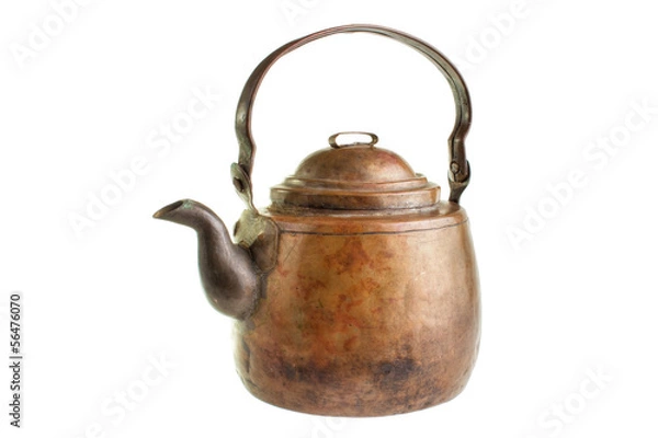 Fototapeta Antique hand forged copper coffee pot , isolated