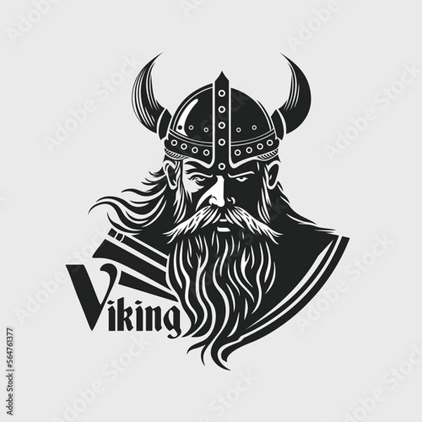 Obraz Viking's face in a helmet with horns. Scandinavian warrior logo design. Tattoo style. Vector illustration