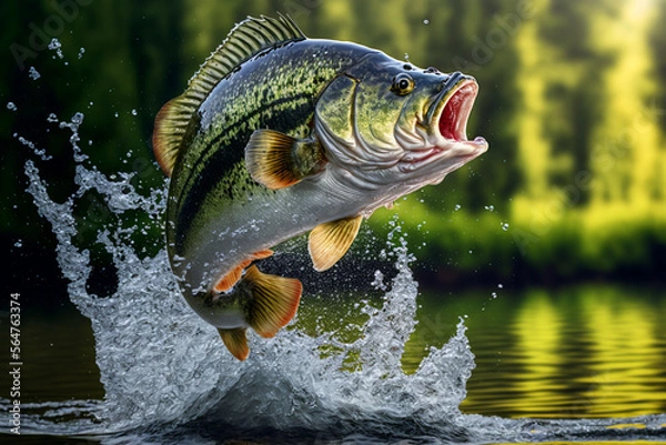Fototapeta bass fish jumping out of river water made by generative ai