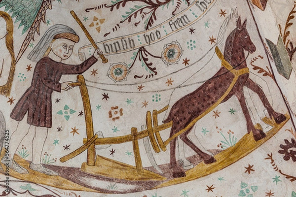 Fototapeta plowing with two horses, a medieval fresco in Elmelunde church, Denmark,
