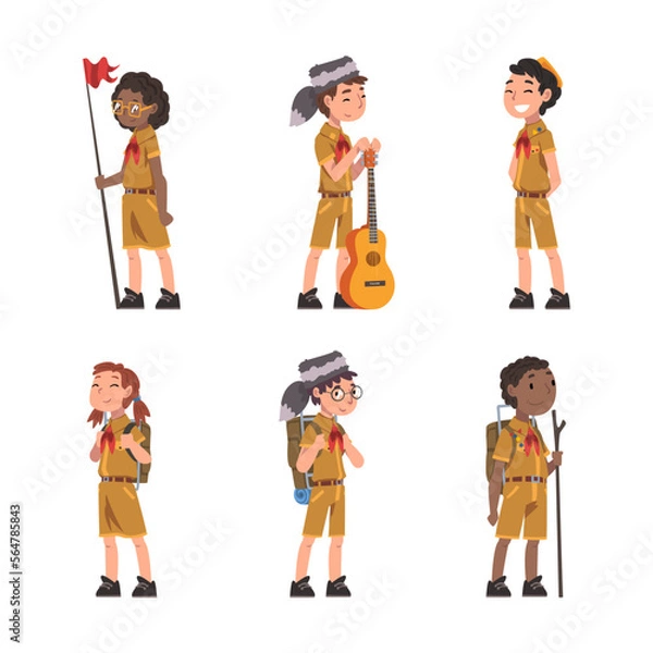 Fototapeta Little Boy and Girl Scout in Uniform Engaged in Adventure Vector Set