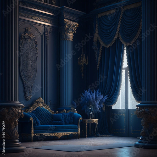 Obraz Empty royal blue room with 5 stately columns. Elegant and sophisticated environment, perfect for a highly imposing introduction.