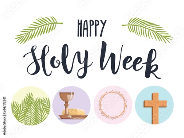 Fototapeta Holy Week.  Palm branches, the last supper, crown of thorns and the cross