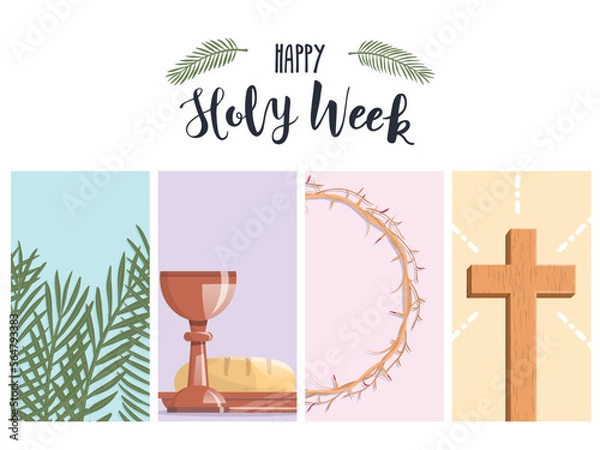 Fototapeta Holy Week banner with palm branches, the last supper, crown of thorns and the cross