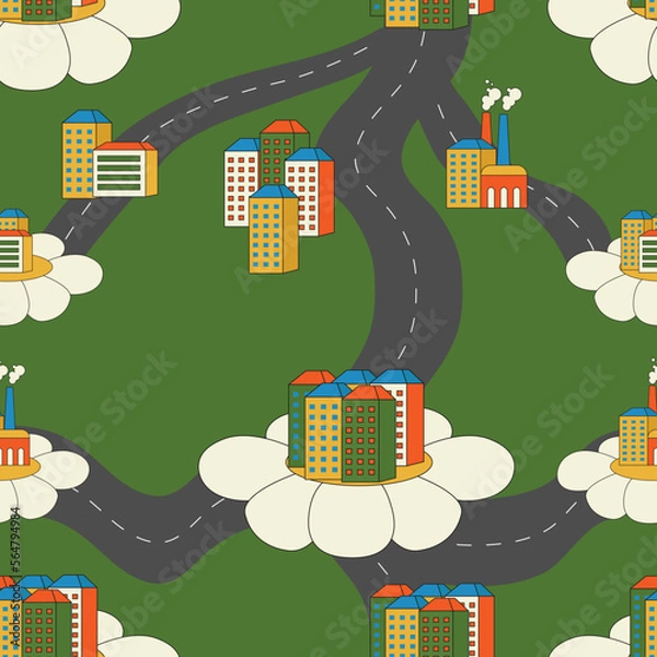 Fototapeta Vector seamless pattern with roads and buildings, retro print with city, vintage