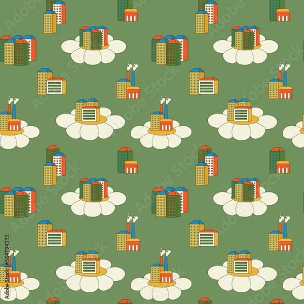 Fototapeta Vector seamless pattern with roads and buildings, retro print with city, vintage