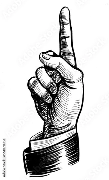 Obraz Human hand pointing up. Ink black and white drawing