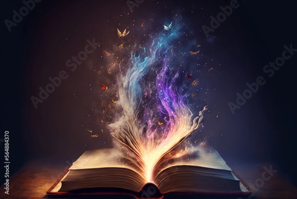 Fototapeta Opened magic fantasy book with magical particles flying above upwards. Generative AI