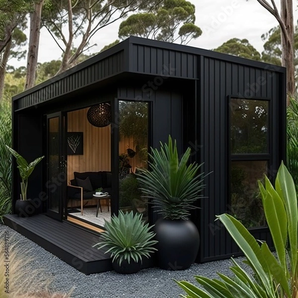 Fototapeta A modern all-black luxurious studio cabin in a winter garden with ultra-modern design and a beach wood facade. 30 square meters in size with a single storey, ultra-detailed, and photo-realistic