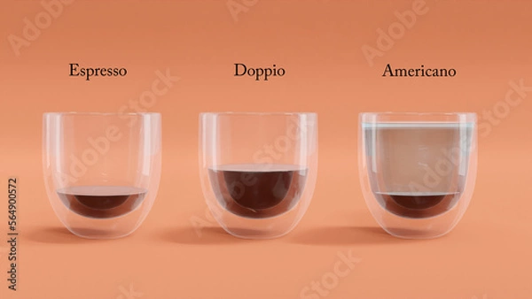Fototapeta 3D illustration of coffee types including espresso, doppi (double shot), and americano (water and espresso) in double wall glass. Episode 1.