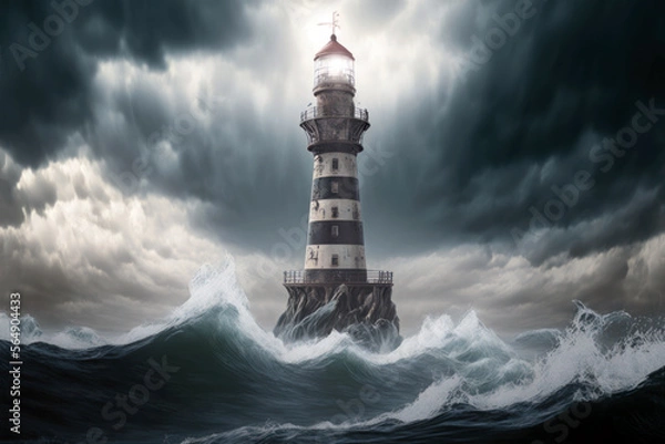 Fototapeta Lighthouse in the storm at night, ocean waves, dark cloudy sky, Generative AI