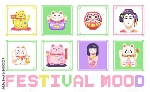 Fototapeta Pixel art flat icons set. Traditional japanese manikin neko cat, geisha girl, cute kokeshi and daruma dolls. 8 bit retro gamer style. festive spring game assets and stickers. Isolated vector.