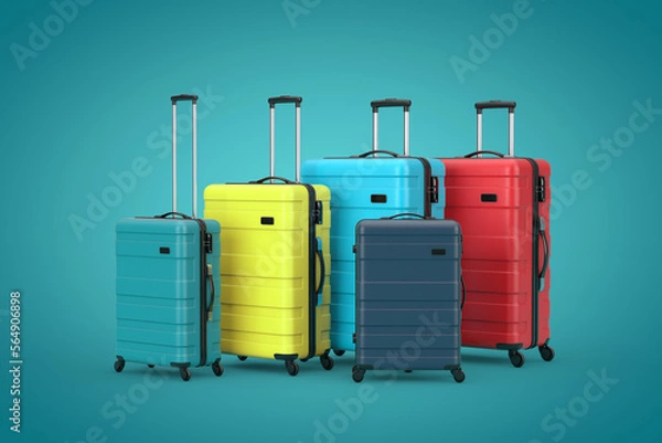 Obraz Travel Holiday Vacation Concept. Set of Modern Multicolor Luxury Plastic Gray Suitcases in Different Sizes. 3d Rendering