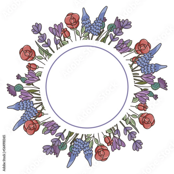 Fototapeta Flowers decoration, round frame: rose, lavender, thyme, snowdrop, narcissus, crocus. Spring postcard.