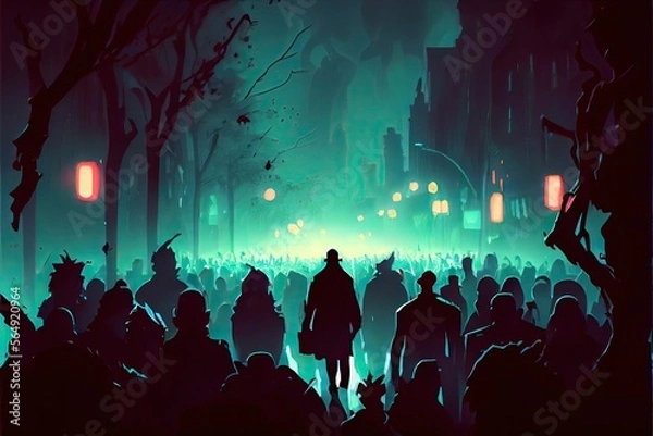 Fototapeta Concept illustration of a zombie crowd walking at night, anime, fantasy - generative ai