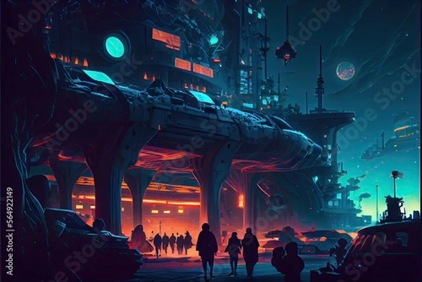 Fototapeta Night scenery of futuristic city with many people in teleport station, fantasy, anime - generative ai
