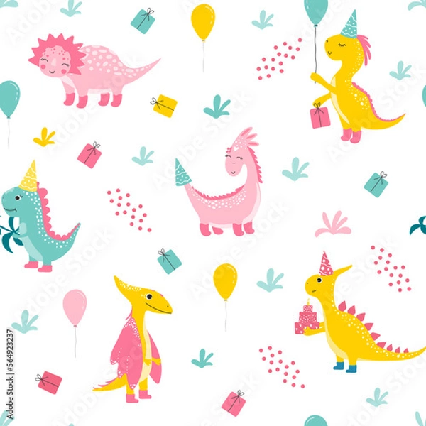Fototapeta seamless pattern with cutes dinosaur, baby shower greeting card. For Print kids bedding, fabric, wallpaper, wrapping paper, textile, t-shirt print