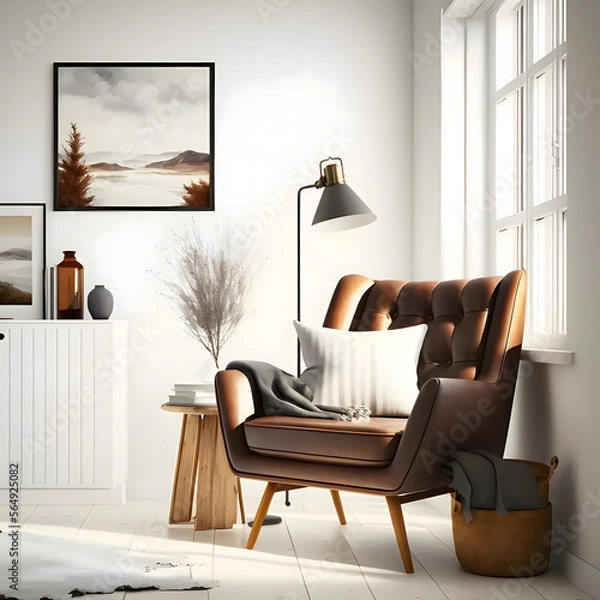 Fototapeta Cozy modern living room interior with Brown armchair and decoration room on a Brown or white wall background, Generative AI
