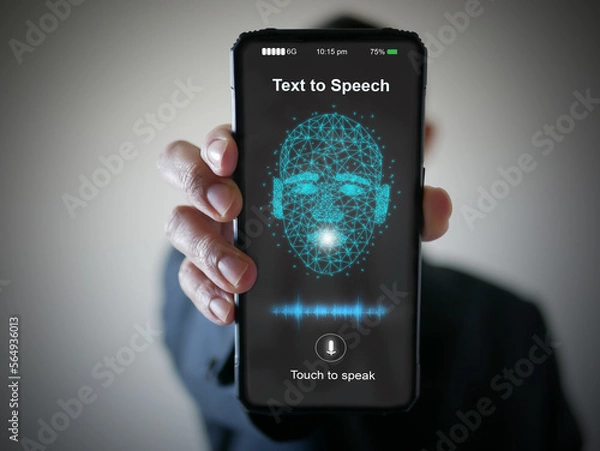 Fototapeta AI speaks and imitates the human voice, text-to-speech or TTS, speech synthesis applications, generative Artificial Intelligence, and futuristic technology in language and communication.