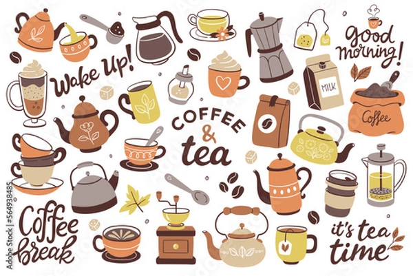 Fototapeta Collection of coffee and tea products. Colorful cliparts of teapots, cups, coffee, herbal teas... Isolated objects on a white background. Background to create patterns or use the objects individually.