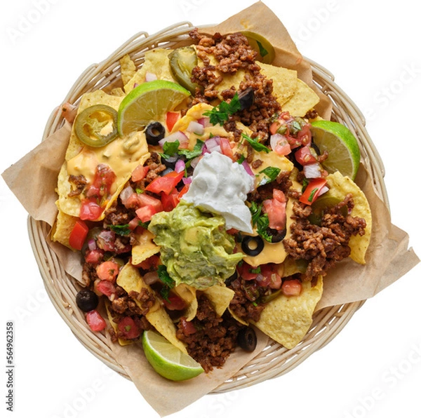 Obraz tex-mex mexican nachos supreme in basket shot with top down view and isolated