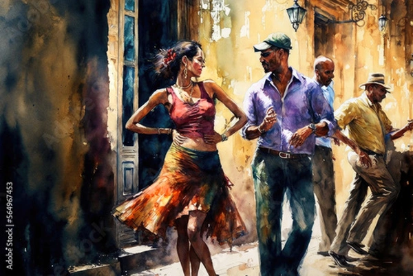 Fototapeta Couple of cuban dancers dancing salsa or rumba cubana on the street. AI generative illustration.