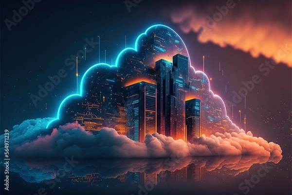 Fototapeta Cloud computing technology concept. Cyber security. Smart city and digital cloud data center.Futuristic big data processing cloud.  Generative AI
