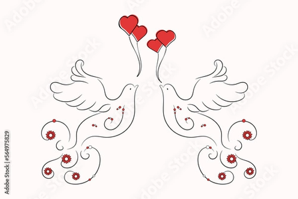 Fototapeta Valentine card. Doves and hearts. Valentine's day card. Template isolated on background.