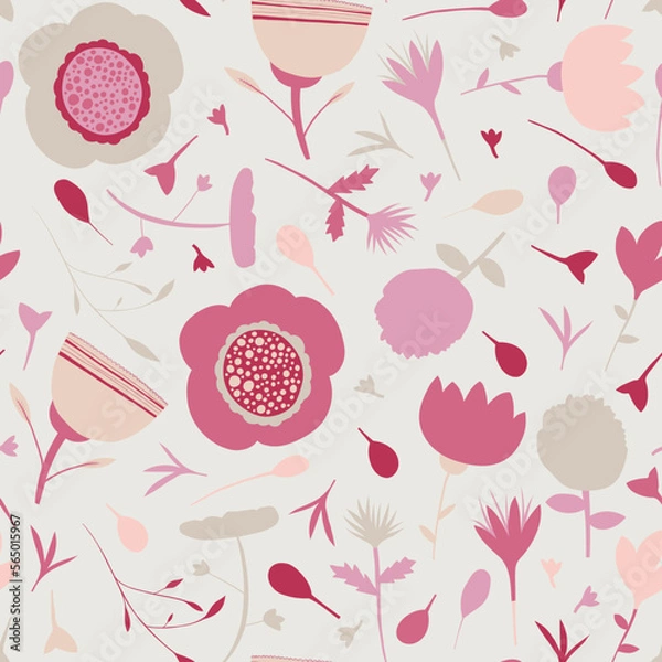 Fototapeta Floral seamless pattern in a pink and beige colour on a grey background
