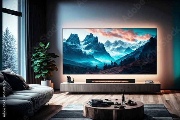 Fototapeta Living room with big tv screen. Generative ai.