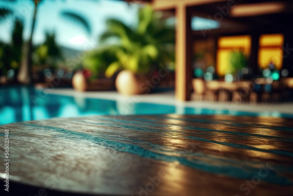 Fototapeta empty wooden table with blurry background of a tropical pool, ai generated