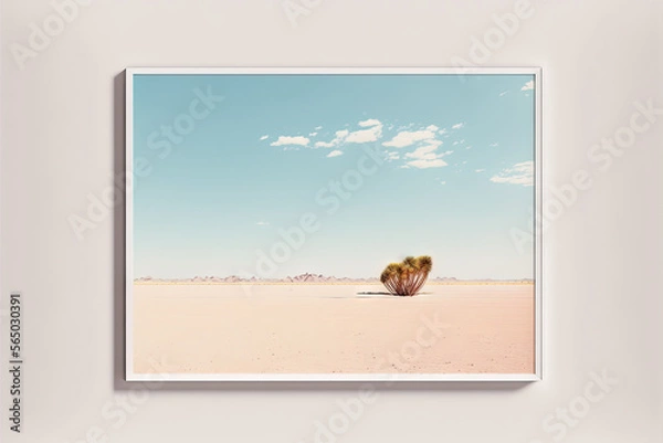 Obraz  a picture of a desert with a cactus in the middle of it and a sky background with clouds in the distance, with a white frame.  generative ai