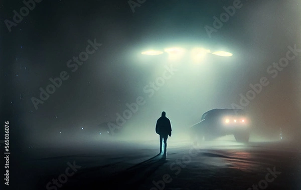 Fototapeta UFO space ship with light projectors at night. Volumetric lights and smoke. Digitally generated AI image.