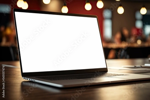 Obraz Modern laptop mockup on the table, Resturant background ,AI generated