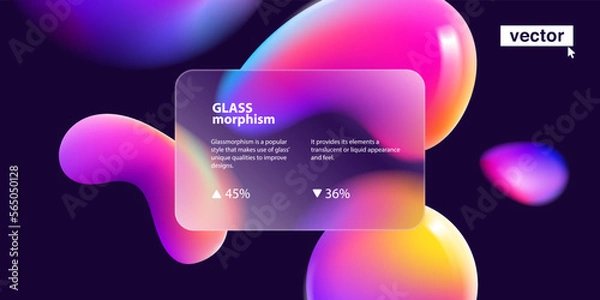 Obraz Transparent layout in glassmorphism style on dark background. Glass frame on blurred abstract liquid shapes.