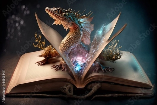 Fototapeta Magic fantasy book with magic dragon. Generative AI