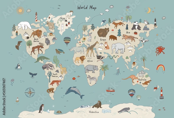 Fototapeta Animals world map vector illustration.