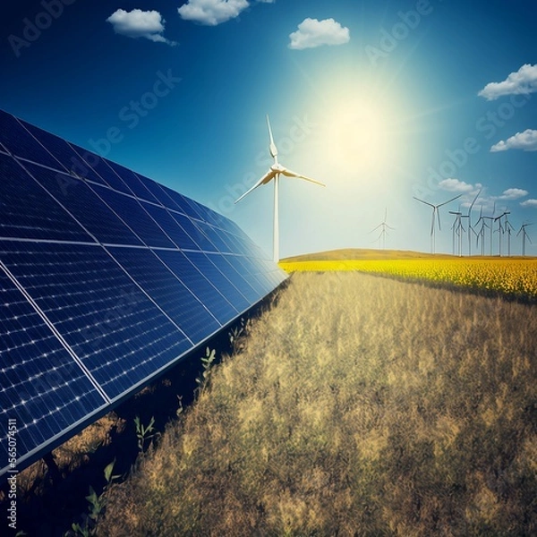 Obraz solar panels and turbines - clean energy future