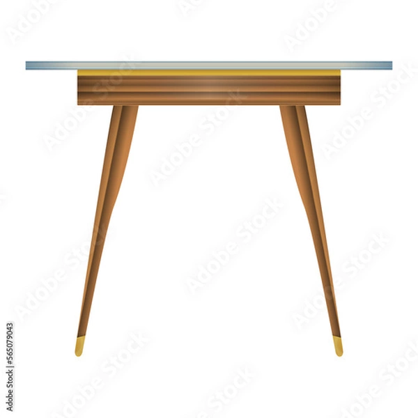 Fototapeta Glass tabletop wood table side view in realistic style. Transparent table top. Home wooden furniture design. Colorful vector illustration isolated on a white background.