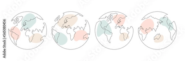Obraz World map one line art collection. Continuous Earth line drawing set. Earth globe hand drawn symbol with pastel shapes group. Vector illustration isolated on white background.