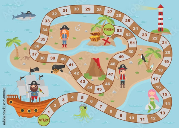 Obraz Cartoon pirate treasure map for children. Board game. The map has a cute mermaid, pirates, an octopus, a shark, a lighthouse, a treasure island, a chest and a ship.