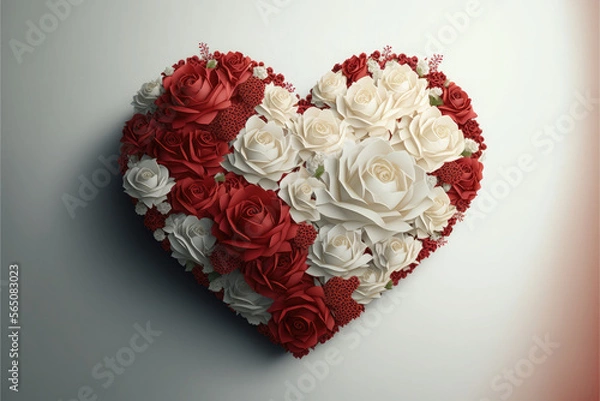 Fototapeta Heart of white and red roses, Valentine's Day, Generative AI